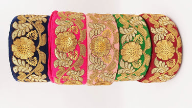 Fuchsia Pink Art Silk Trim In Gold Floral Embroidery, Gold Embroidered Flowers Border, Floral Trim